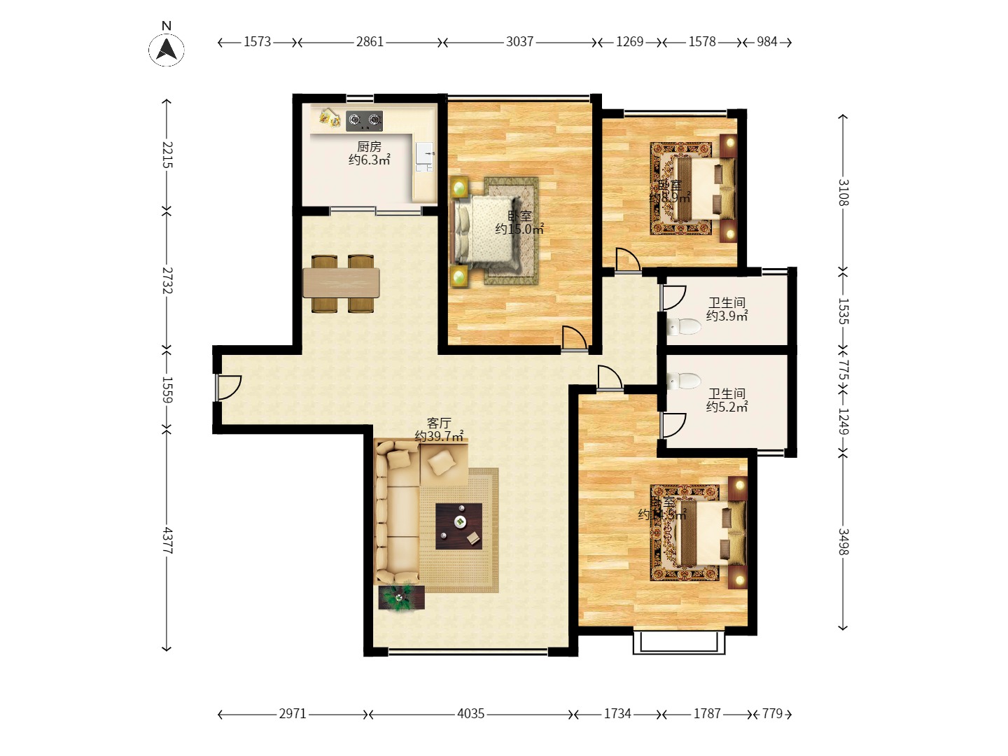 南郡雅园  3室2厅2卫   1500.00元/月室内图1