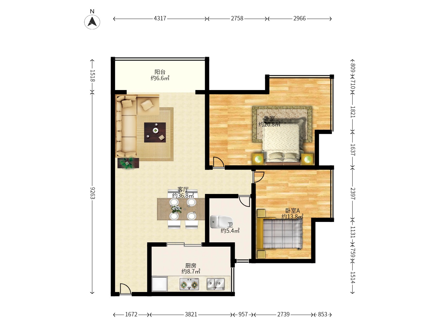 中建桂苑 2室2厅1卫 1600.0元/月 中建桂苑 2室2厅1卫 1600.0元/月户型图