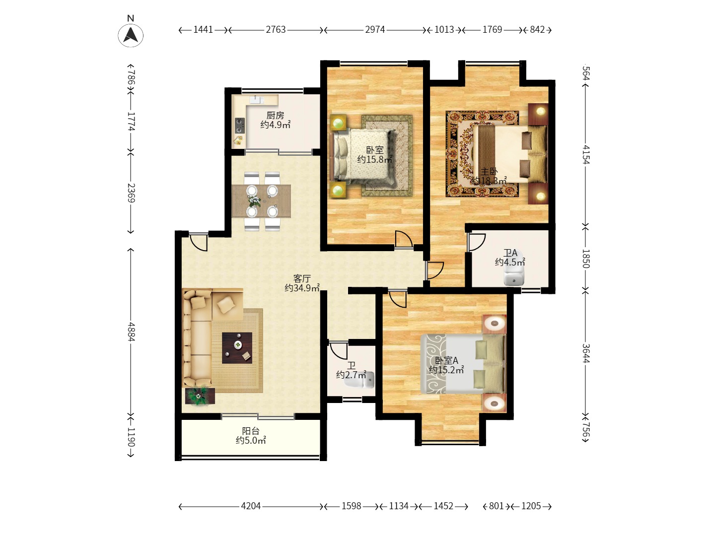 恒广国际景园一二区 3室2厅2卫 2300.0元/月 恒广国际景园一二区 3室2厅2卫 2300.0元/月户型图