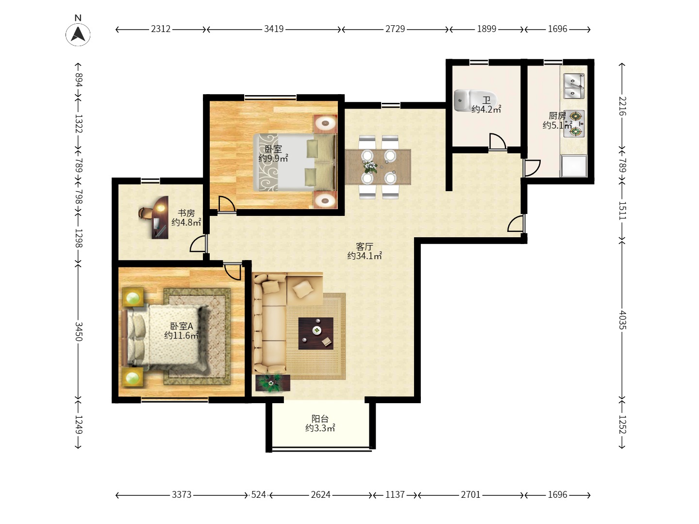 香槟小镇(香槟花苑) 3室2厅1卫 1800.0元/月 香槟小镇(香槟花苑) 3室2厅1卫 1800.0元/月户型图