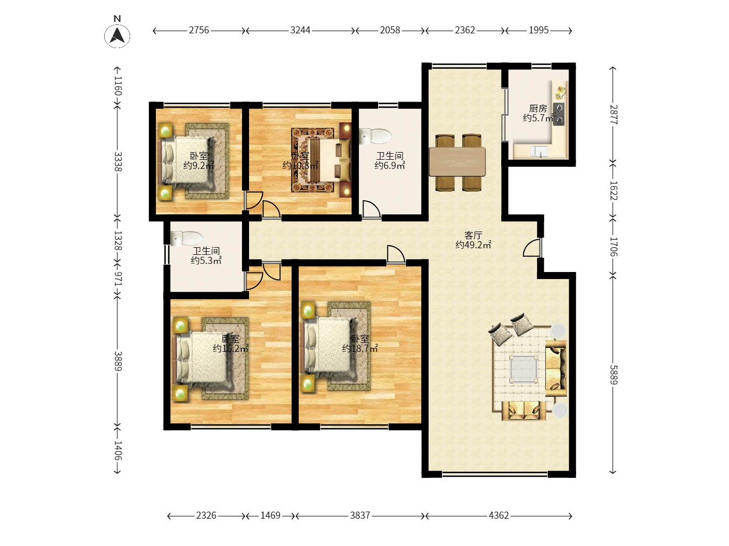 五矿格澜郡 4室2厅2卫 2000.0元/月 五矿格澜郡 4室2厅2卫 2000.0元/月户型图