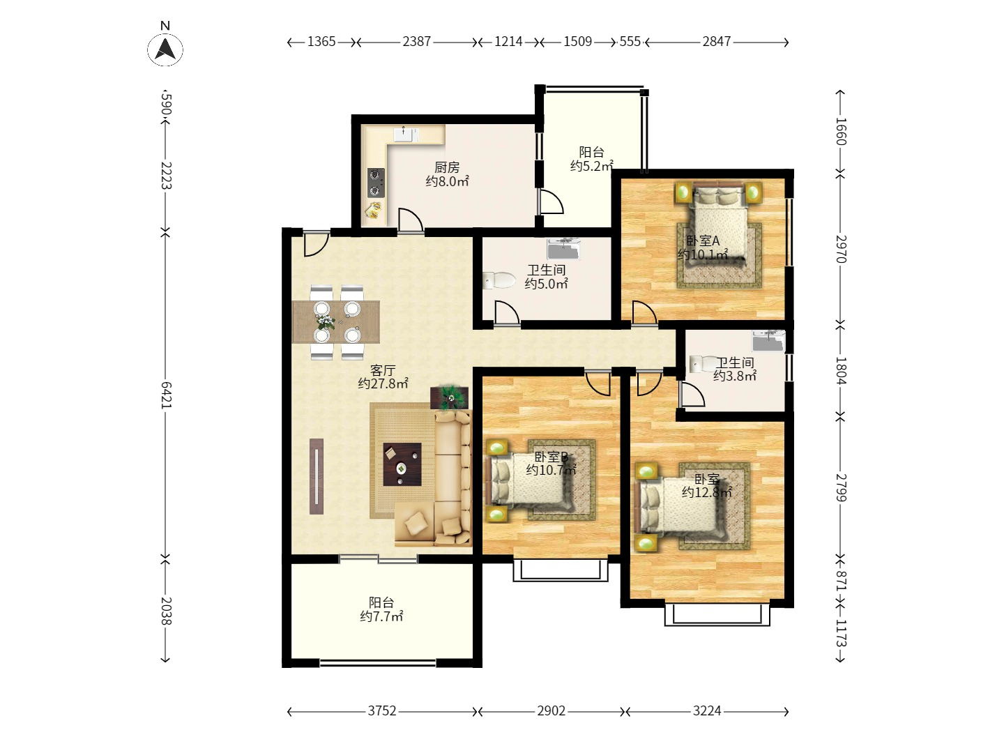 恒大名都  3室2厅2卫   1600.00元/月室内图1