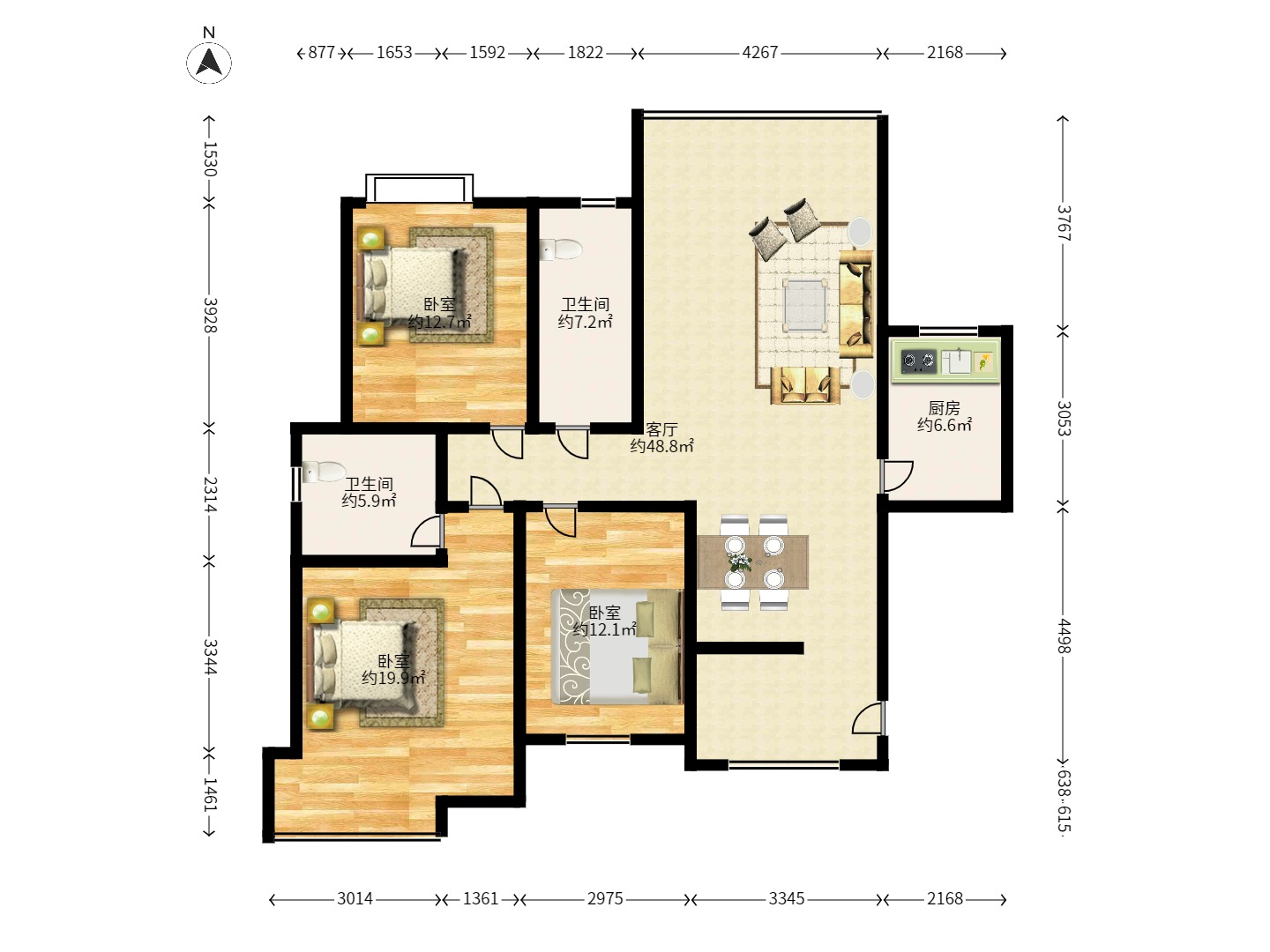 丰源国际 3室2厅2卫 1900.0元/月 丰源国际 3室2厅2卫 1900.0元/月户型图