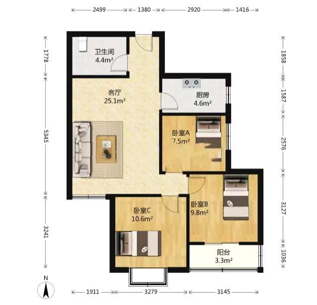 天都佳苑  3室2厅1卫   135.00万户型图