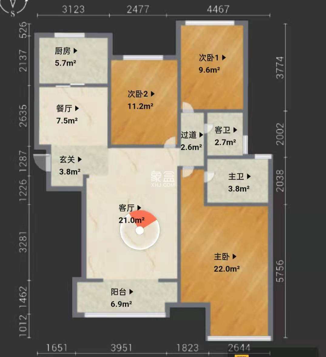 金辉世界城  3室2厅2卫   3500.00元/月户型图