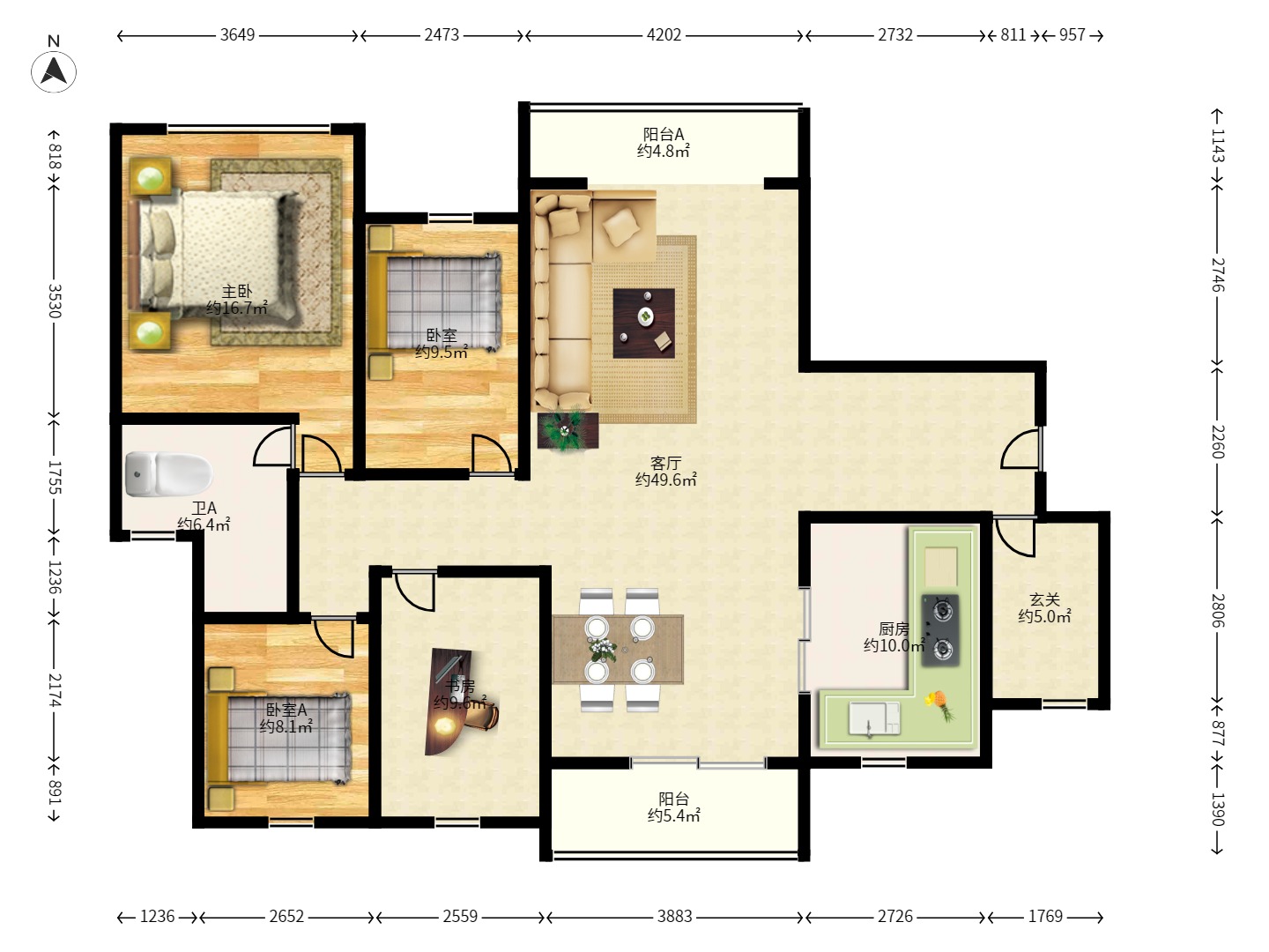 金茂梅溪湖 4室2厅2卫 3000.00元/月 金茂梅溪湖 4室2厅2卫 3000.00元/月户型图