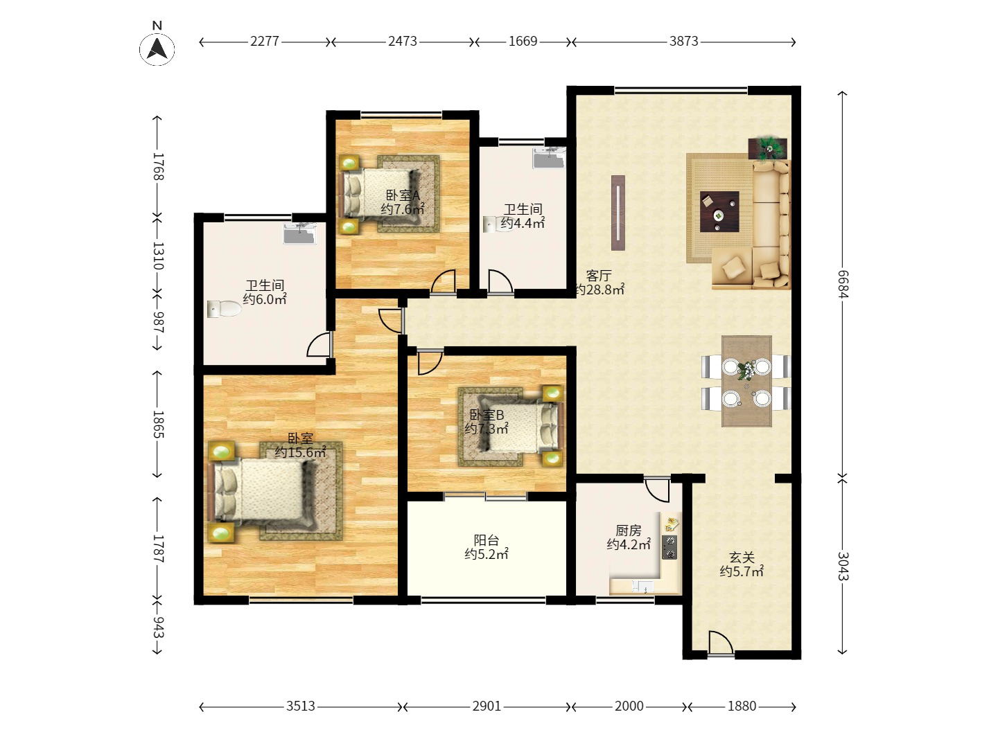 佳兆业水岸新都 3室2厅2卫 1800.0元/月 佳兆业水岸新都 3室2厅2卫 1800.0元/月户型图