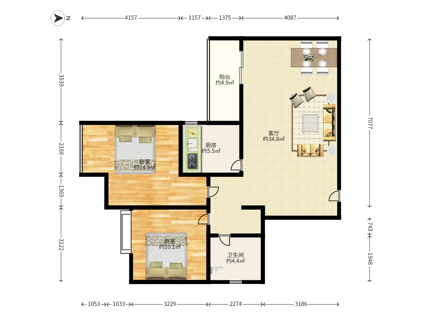 湘江世纪城融江苑 3室2厅2卫 2400.0元/月 湘江世纪城融江苑 3室2厅2卫 2400.0元/月户型图