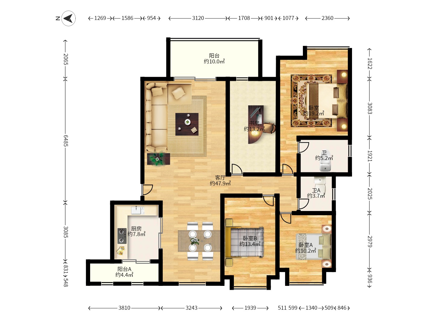 亚华香舍花都  4室2厅1卫   850.00元/月户型图