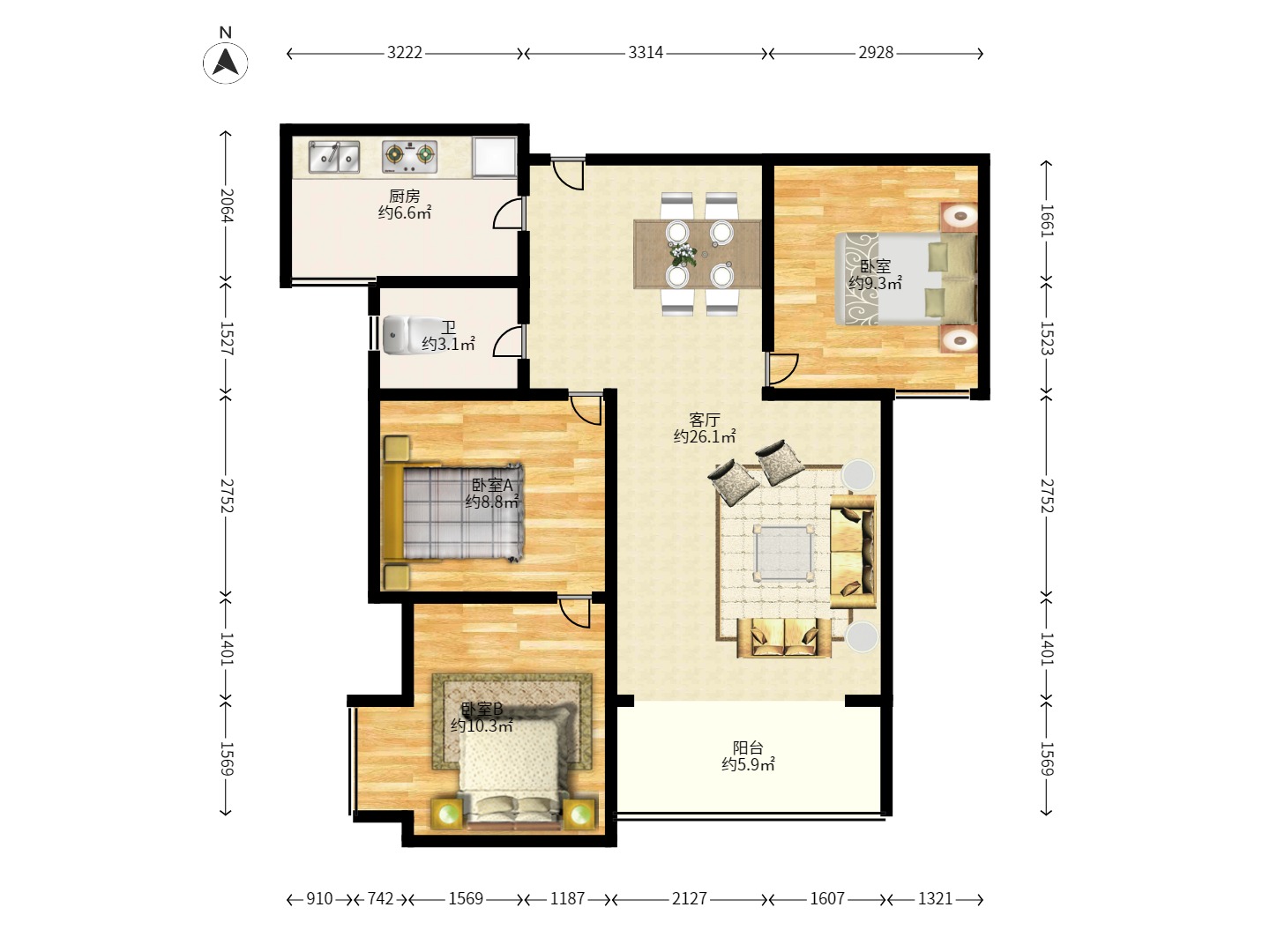 中信凯旋蓝岸(中信新城三期) 2室2厅1卫 1900.0元/月 中信凯旋蓝岸(中信新城三期) 2室2厅1卫 1900.0元/月户型图