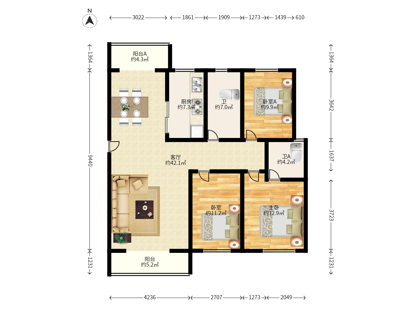 长永佳苑 3室2厅2卫 1800.0元/月 长永佳苑 3室2厅2卫 1800.0元/月户型图