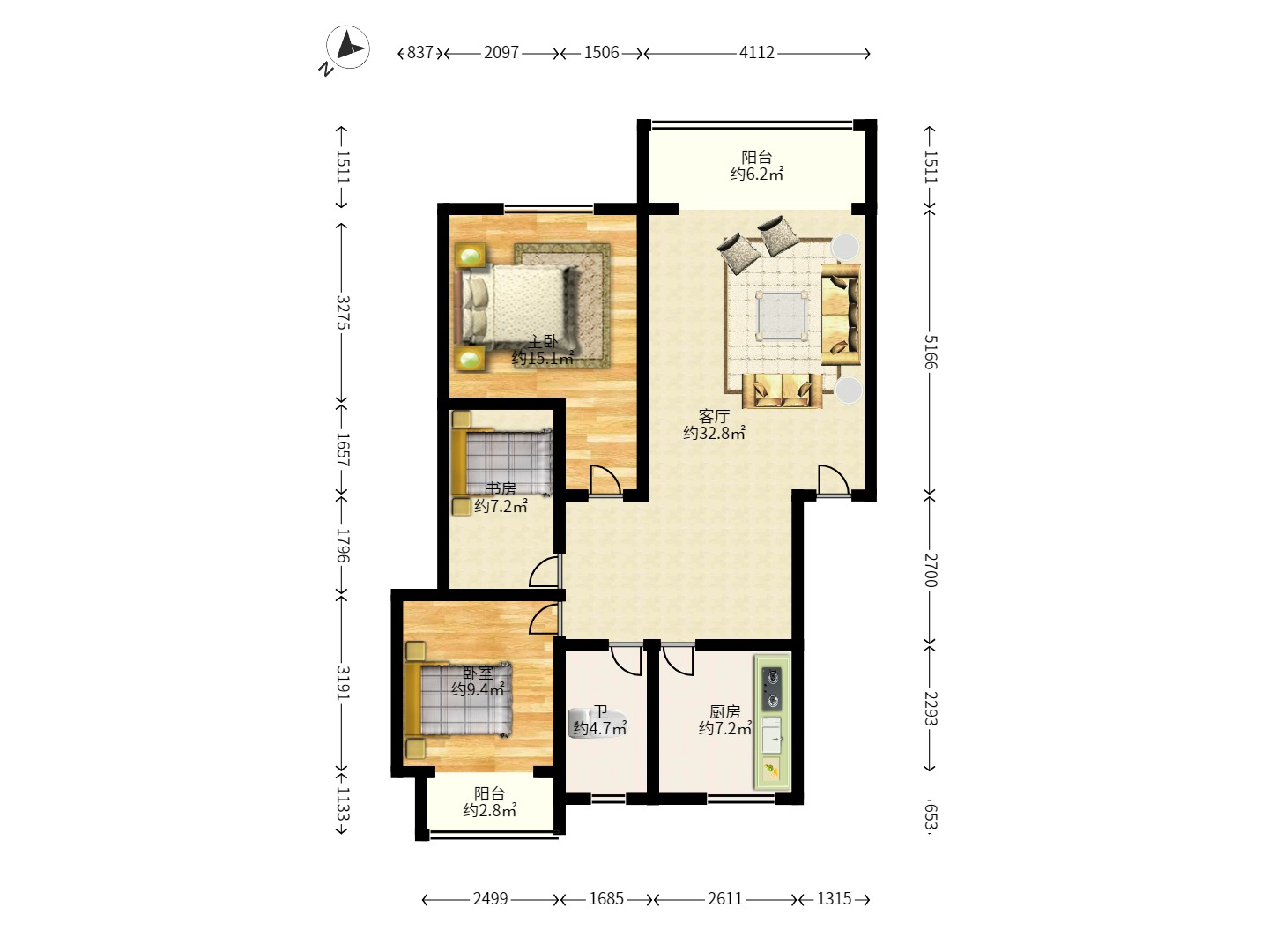 德馨园 3室2厅2卫 1600.0元/月 德馨园 3室2厅2卫 1600.0元/月户型图