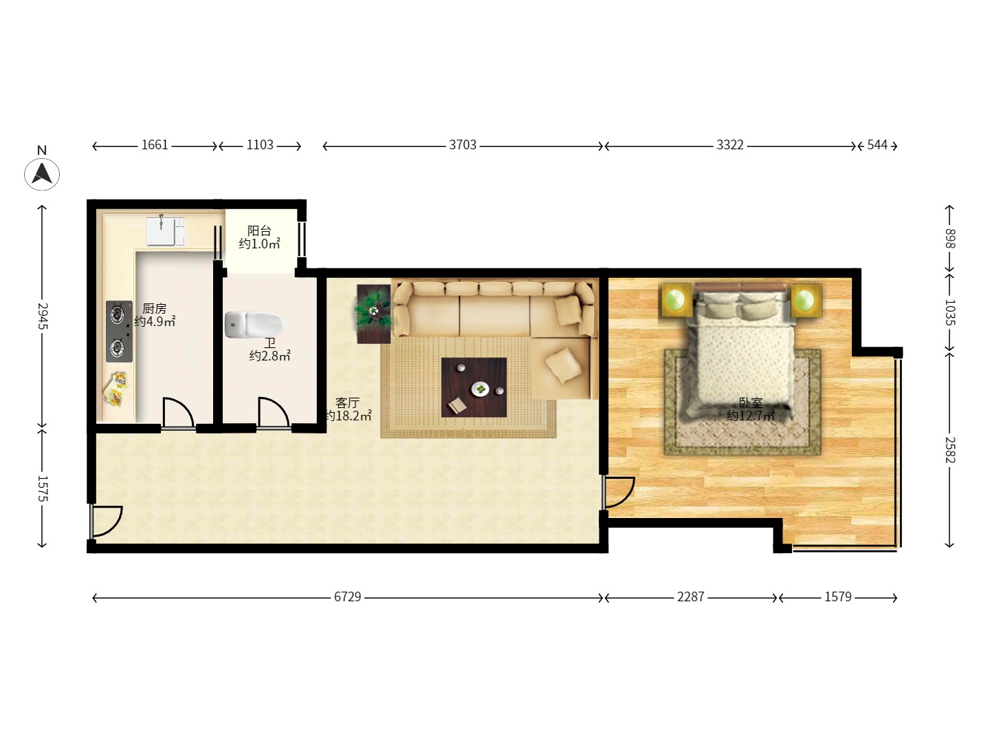 星尚520 1室1厅1卫 1500.0元/月 星尚520 1室1厅1卫 1500.0元/月户型图