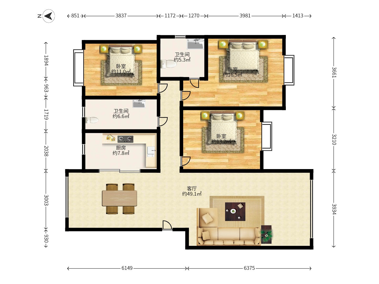水印华府一期  3室2厅2卫   112.00万户型图
