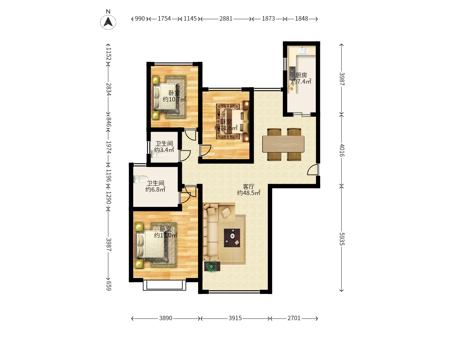 恒大雅苑 3室2厅2卫 2500.0元/月 恒大雅苑 3室2厅2卫 2500.0元/月户型图