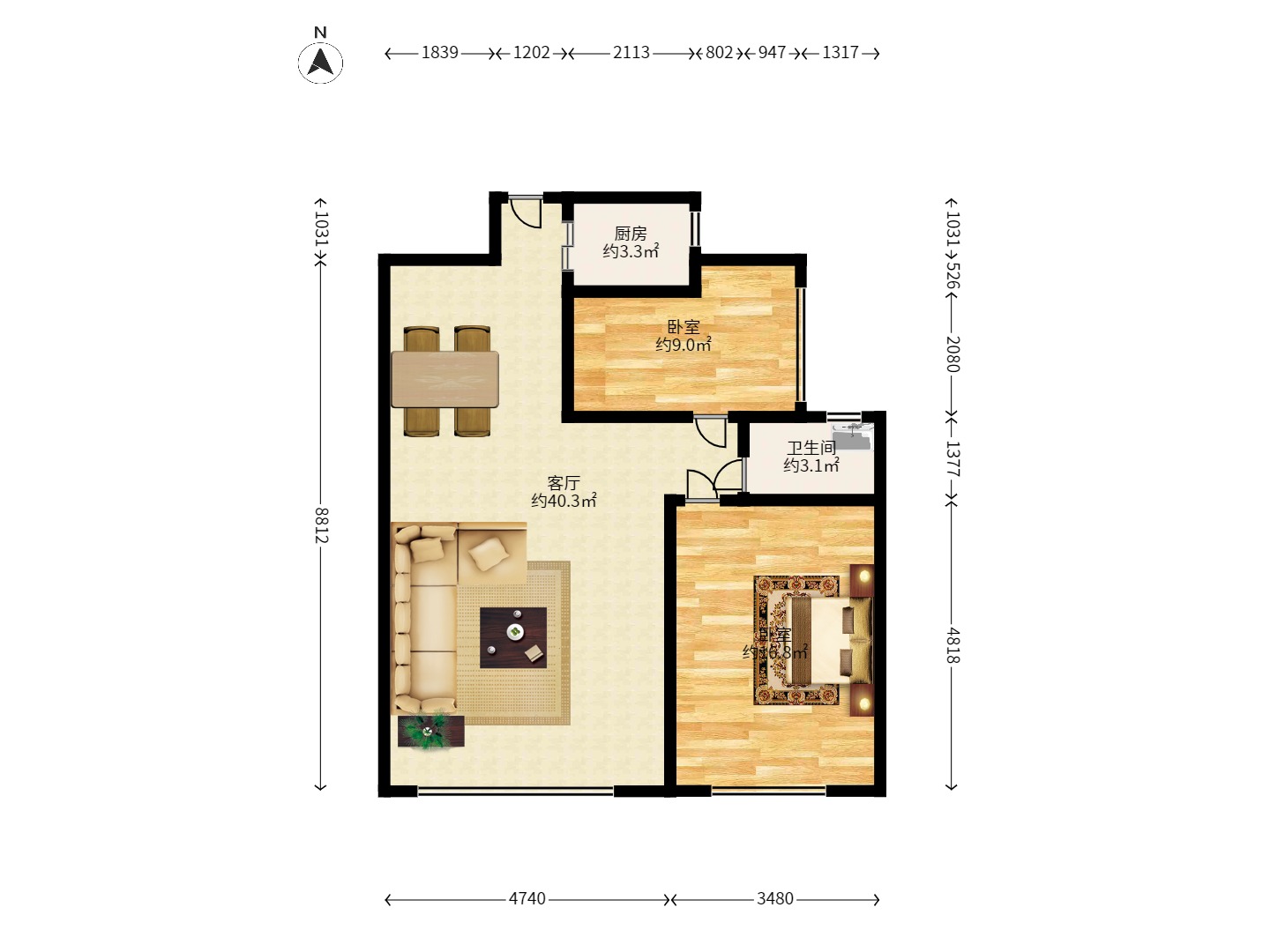 润芳园 3室1厅1卫 1900.0元/月 润芳园 3室1厅1卫 1900.0元/月户型图