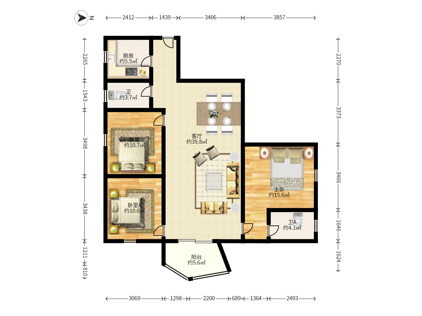 城市花园  3室2厅2卫   2600.00元/月户型图