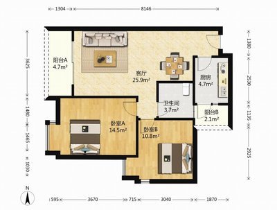 汇金国际城上城  3室2厅2卫   2600.00元/月户型图