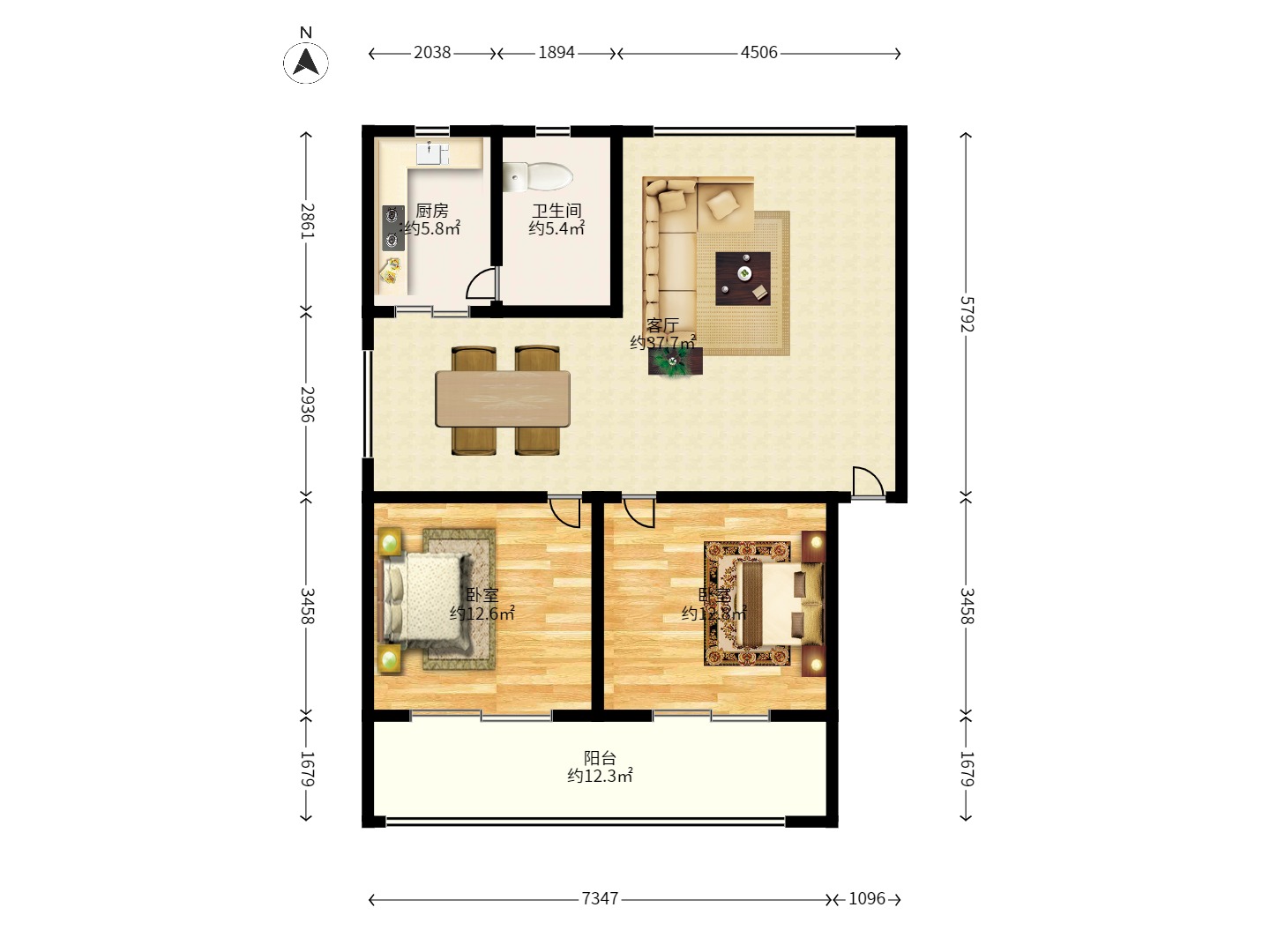 解放东路建行宿舍 2室1厅1卫 1800.0元/月 解放东路建行宿舍 2室1厅1卫 1800.0元/月户型图