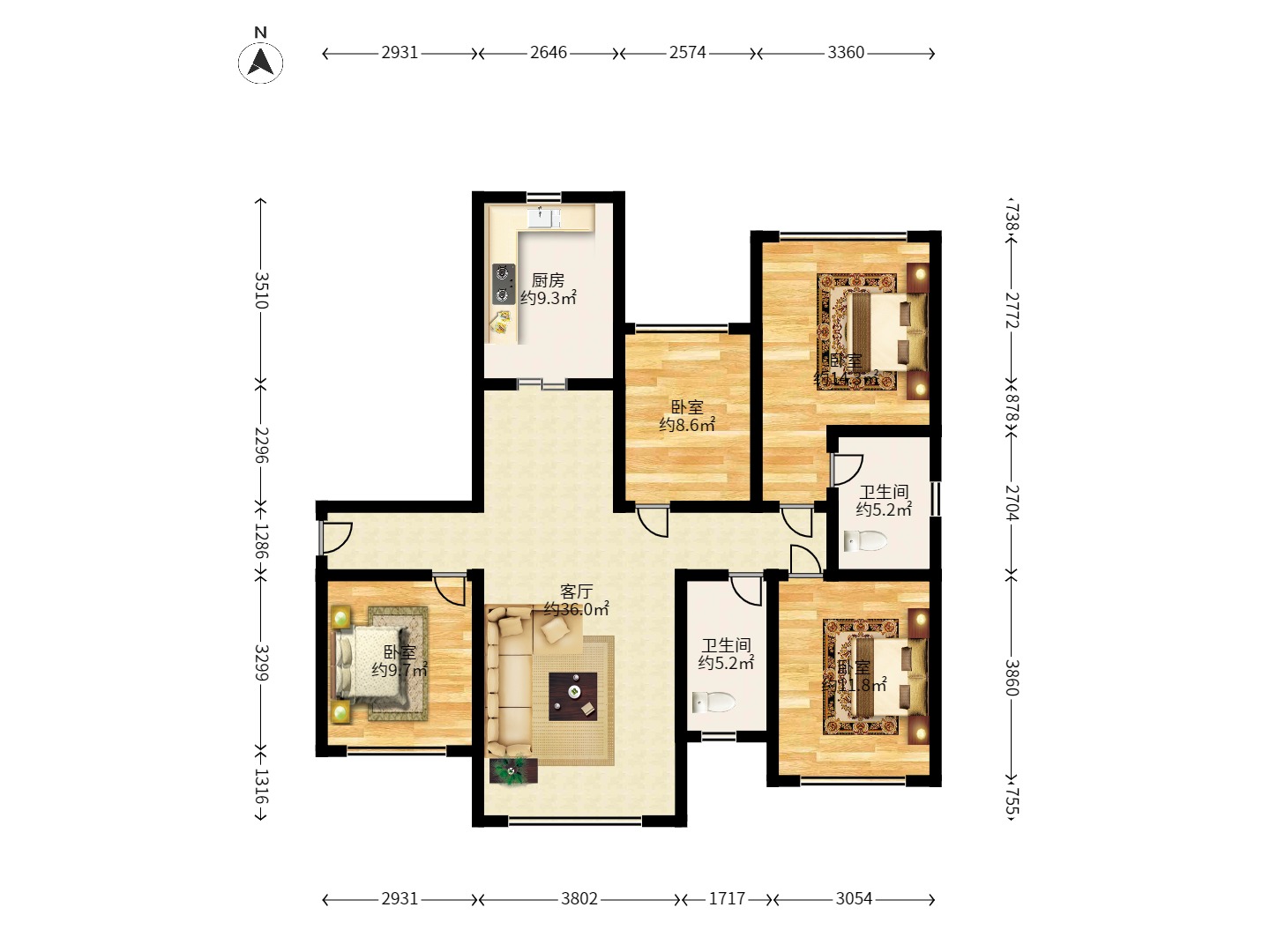 盛地尊域 2室2厅1卫 1200.0元/月 盛地尊域 2室2厅1卫 1200.0元/月户型图