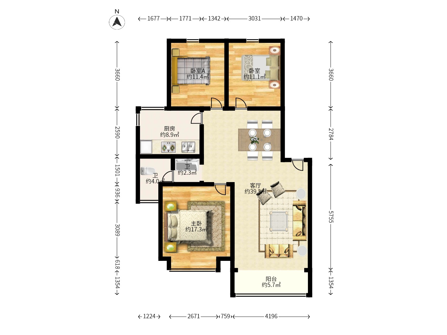 阳明山庄  3室2厅1卫   1800.00元/月户型图