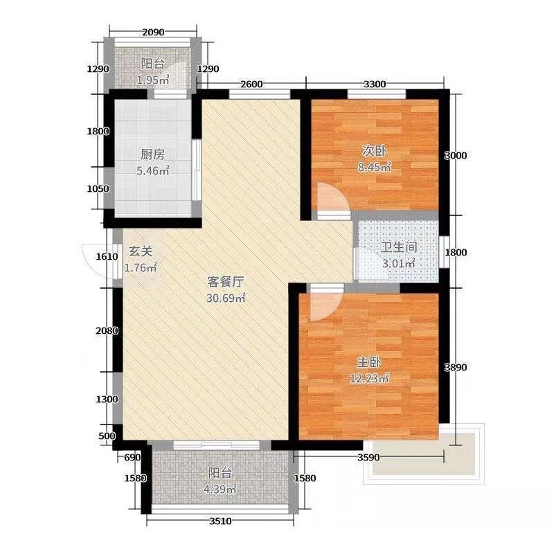 恒大滨河左岸  2室1厅1卫   2800.00元/月户型图