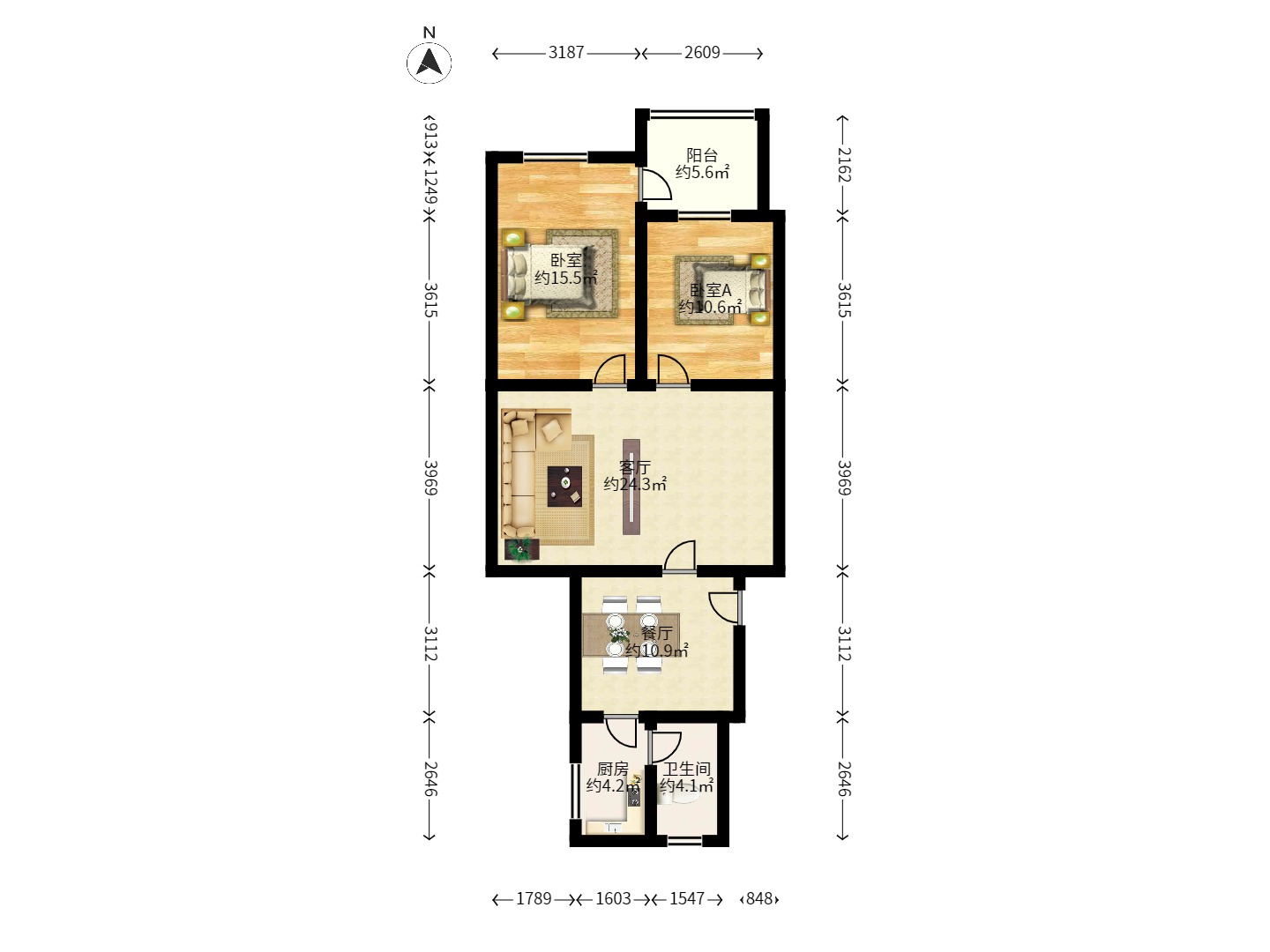 长沙理工大学侯家塘校区教职工宿舍  1室2厅1卫   1500.00元/月户型图