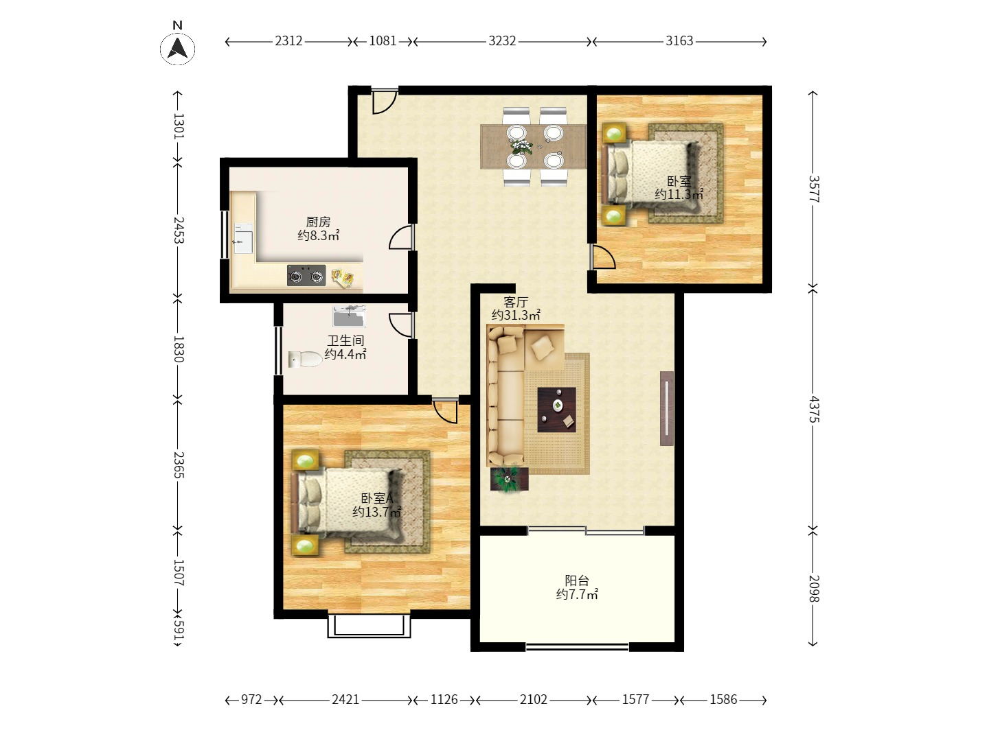 财富名园 2室1厅1卫 2100.0元/月 财富名园 2室1厅1卫 2100.0元/月户型图