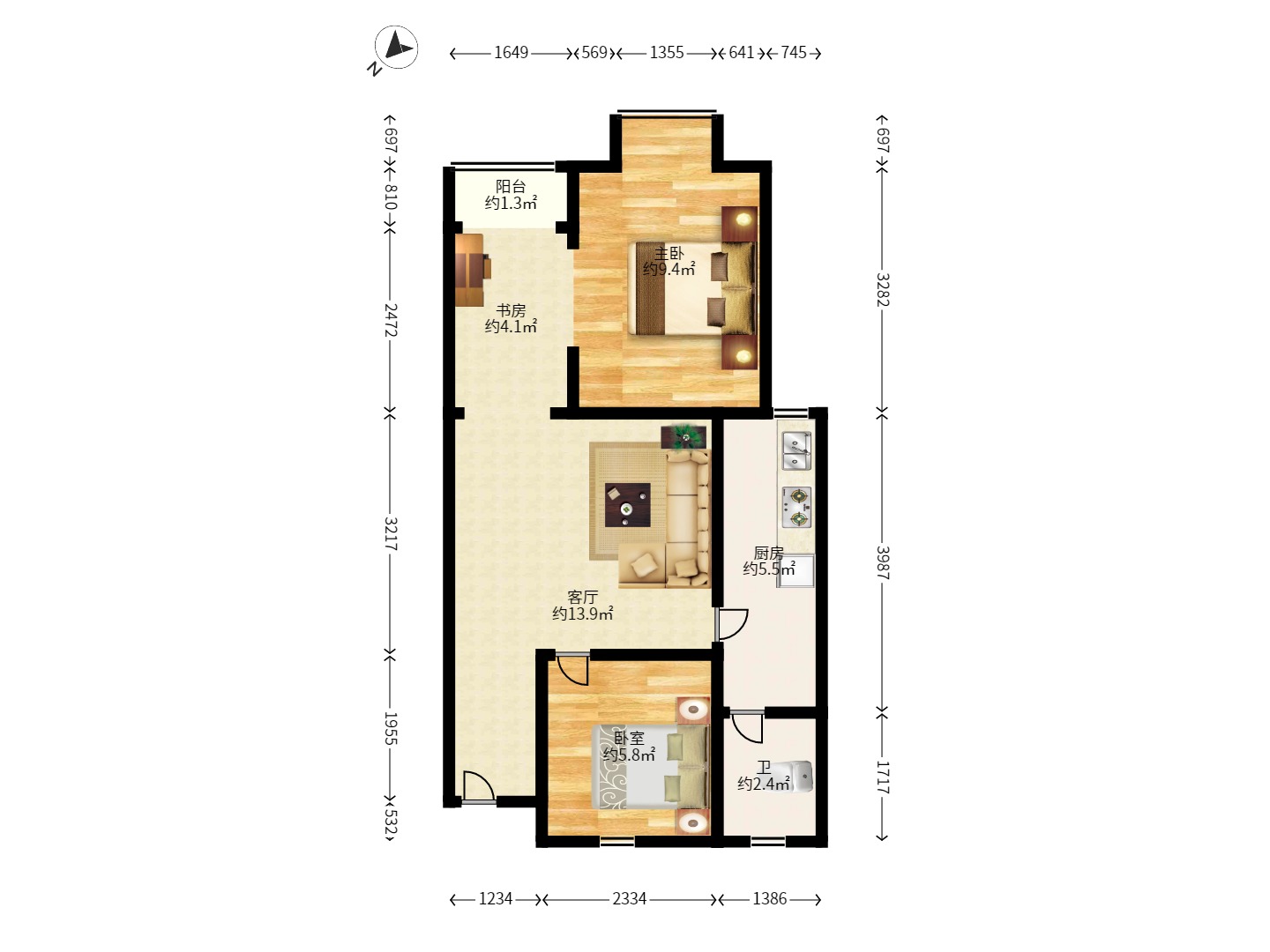 加加大街（华景苑）  3室2厅1卫   2500.00元/月户型图