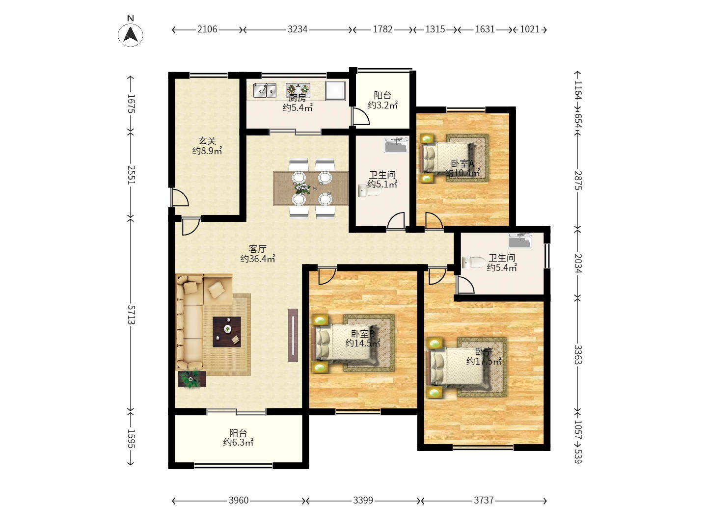 鹏基诺亚山林 3室2厅1卫 2200.0元/月 鹏基诺亚山林 3室2厅1卫 2200.0元/月户型图