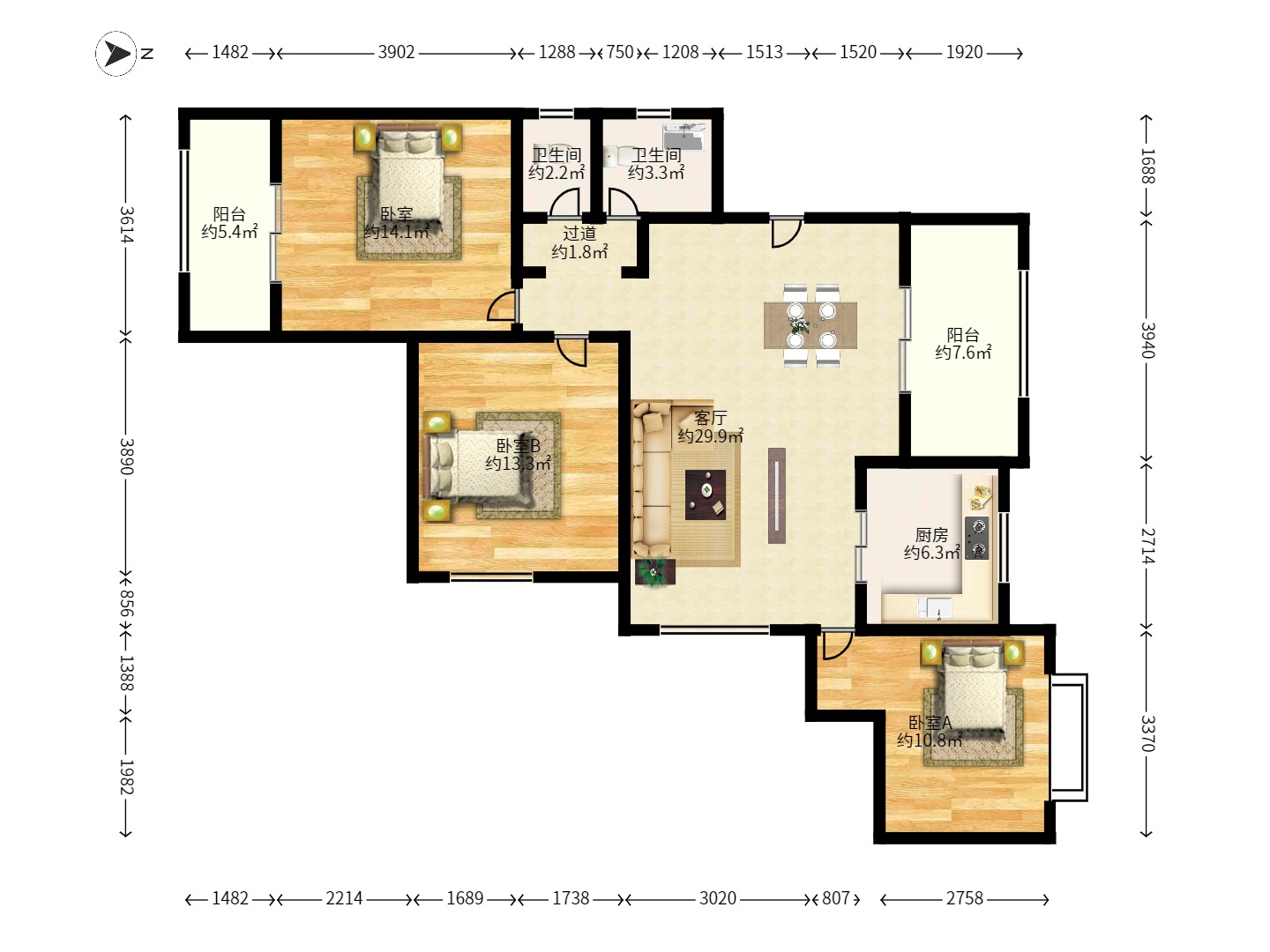 九龙领仕汇  3室2厅2卫    91.99万户型图