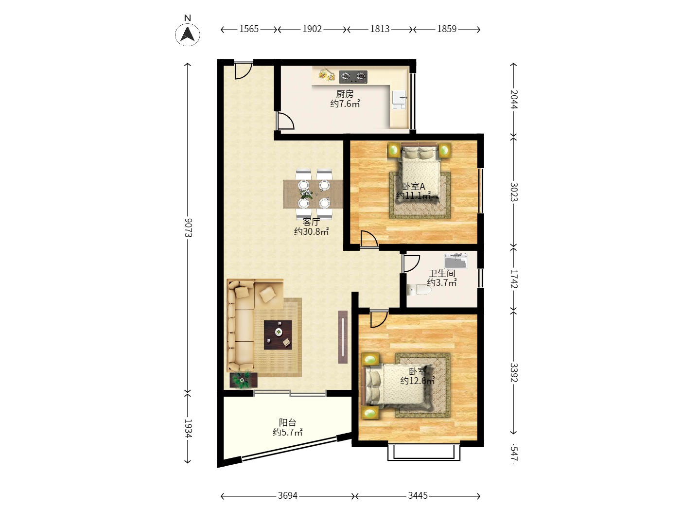 高林金三华邸 2室2厅1卫 1500.0元/月 高林金三华邸 2室2厅1卫 1500.0元/月户型图