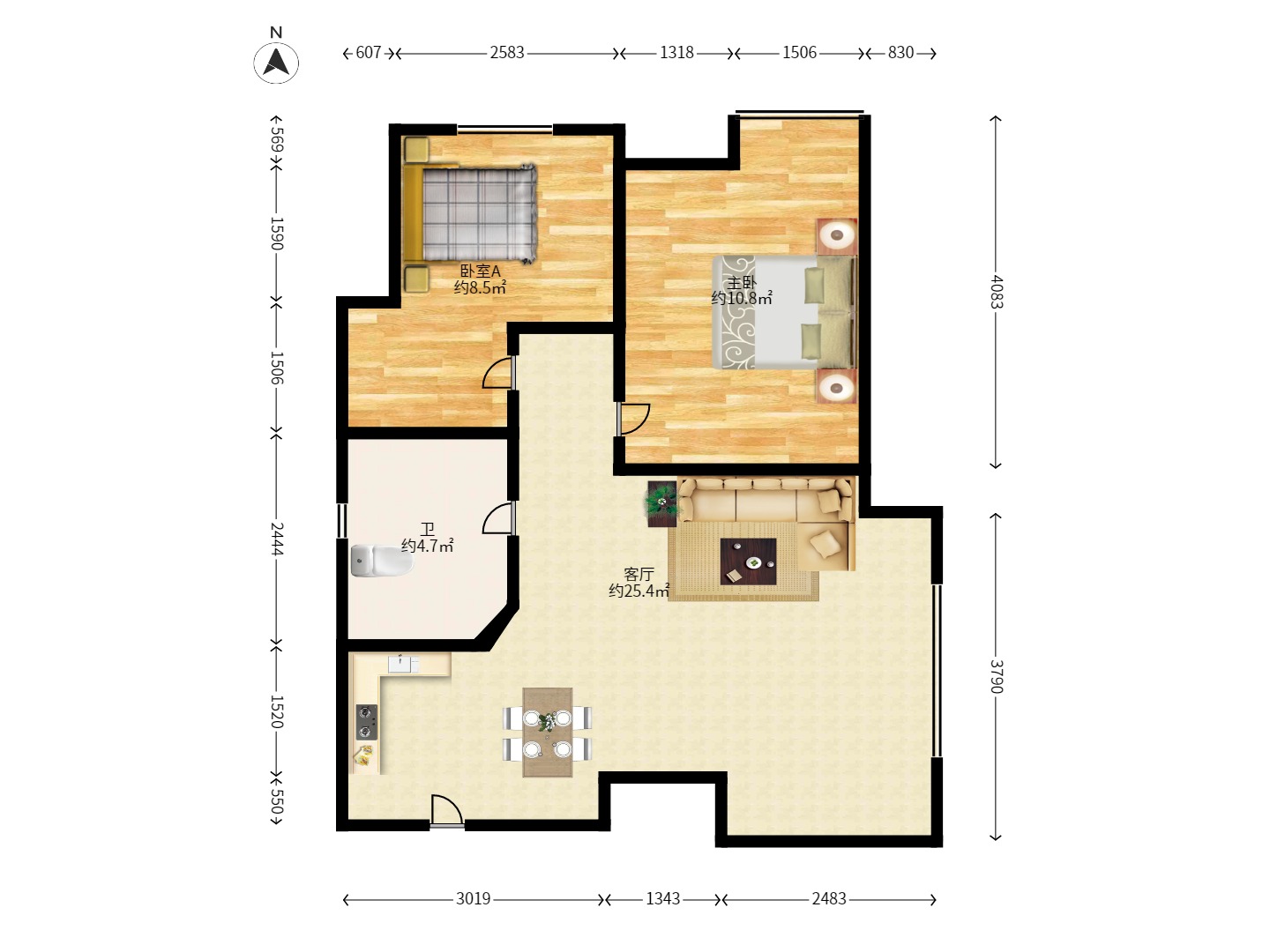 西子一间 1室2厅1卫 2300.0元/月 西子一间 1室2厅1卫 2300.0元/月户型图