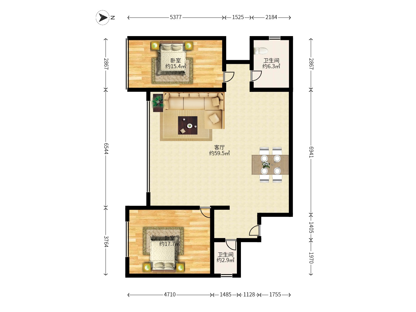 北辰定江洋  2室2厅2卫    7200.0元/月室内图1