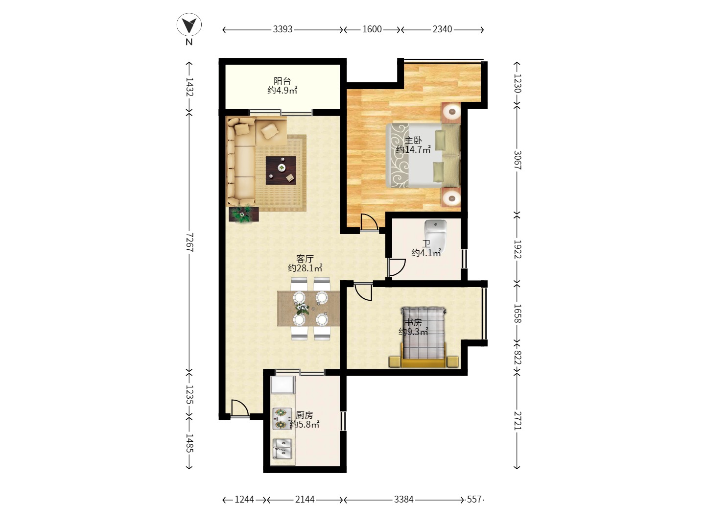 万芙锦城 2室2厅1卫 2400.0元/月 万芙锦城 2室2厅1卫 2400.0元/月户型图