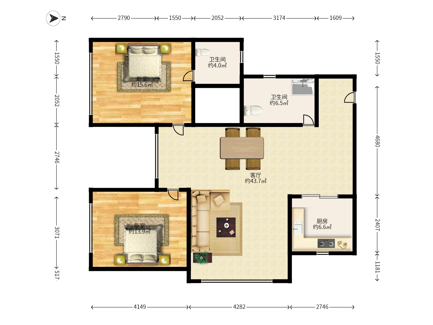 天翔新新家園  3室2廳1衛(wèi)    2400.0元/月戶型圖