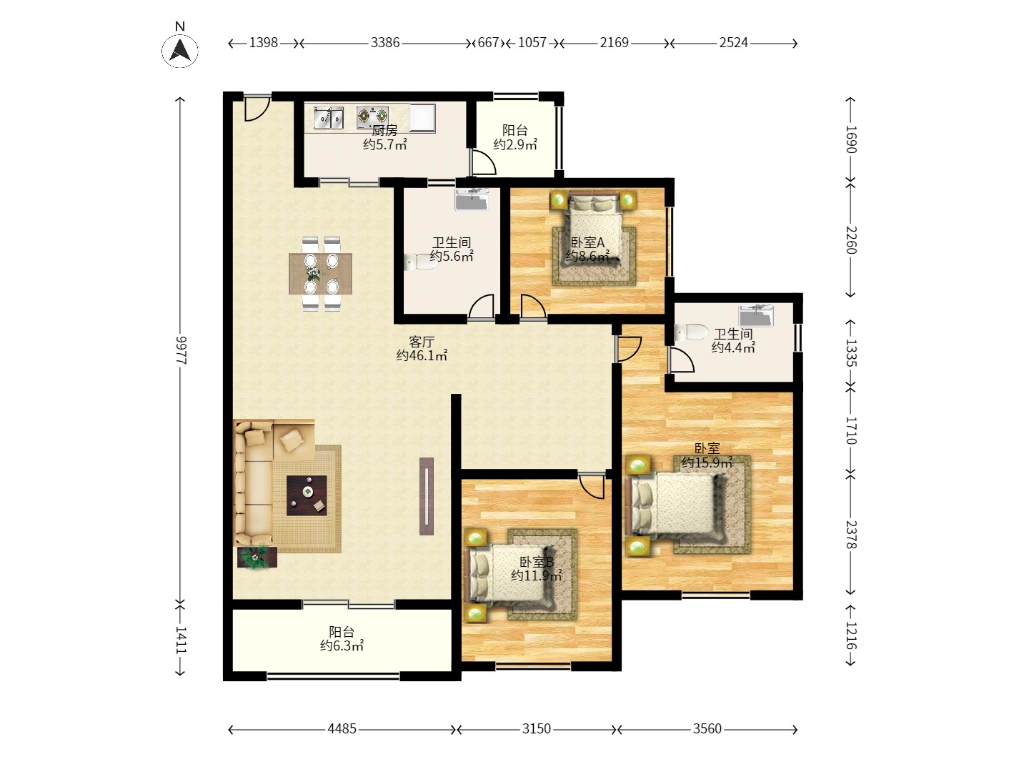 好望谷 3室2厅2卫 2000.0元/月 好望谷 3室2厅2卫 2000.0元/月户型图