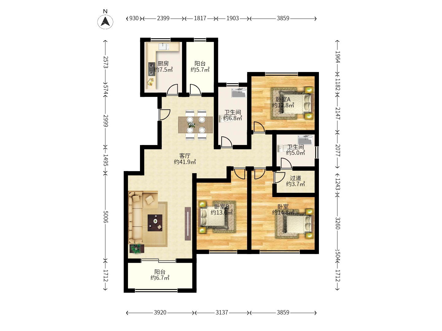 潤江榕園  3室2廳1衛(wèi)   4500.00元/月室內圖1