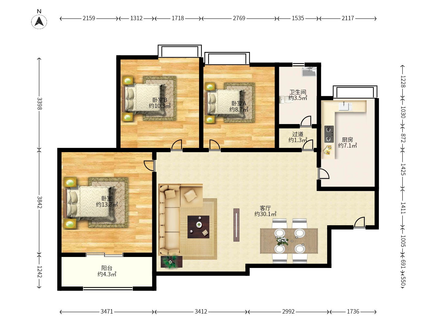 山水印象(愿景想山) 2室1厅2卫 1300.0元/月 山水印象(愿景想山) 2室1厅2卫 1300.0元/月户型图