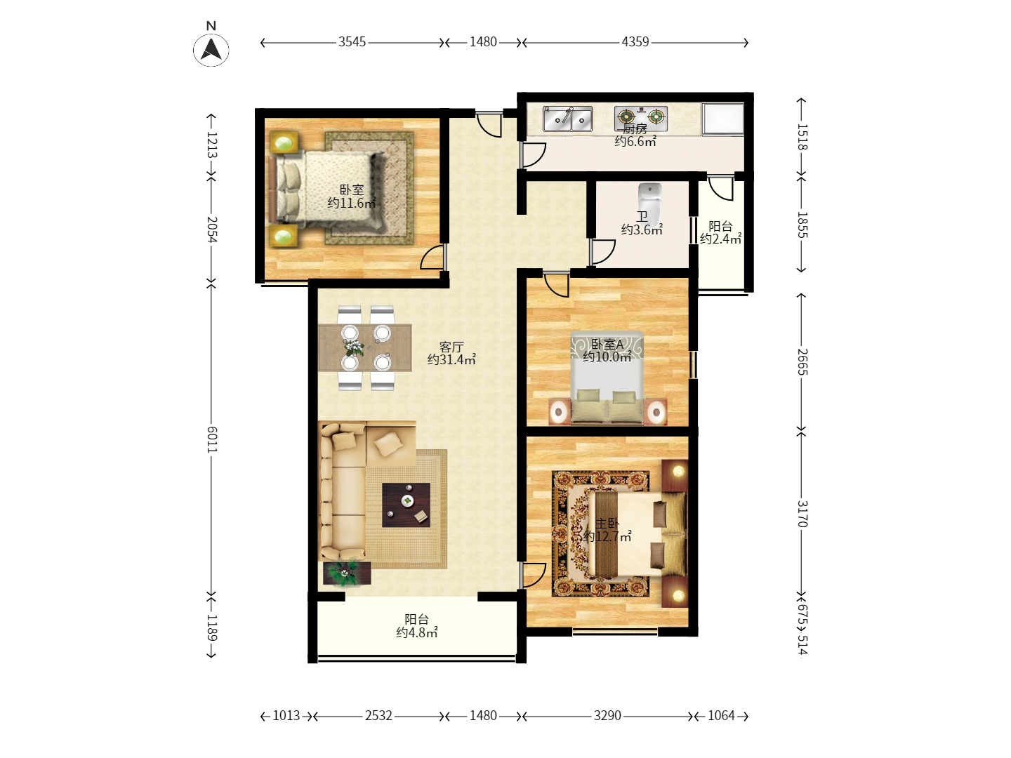 旭辉御府 3室2厅1卫 3000.0元/月 旭辉御府 3室2厅1卫 3000.0元/月户型图