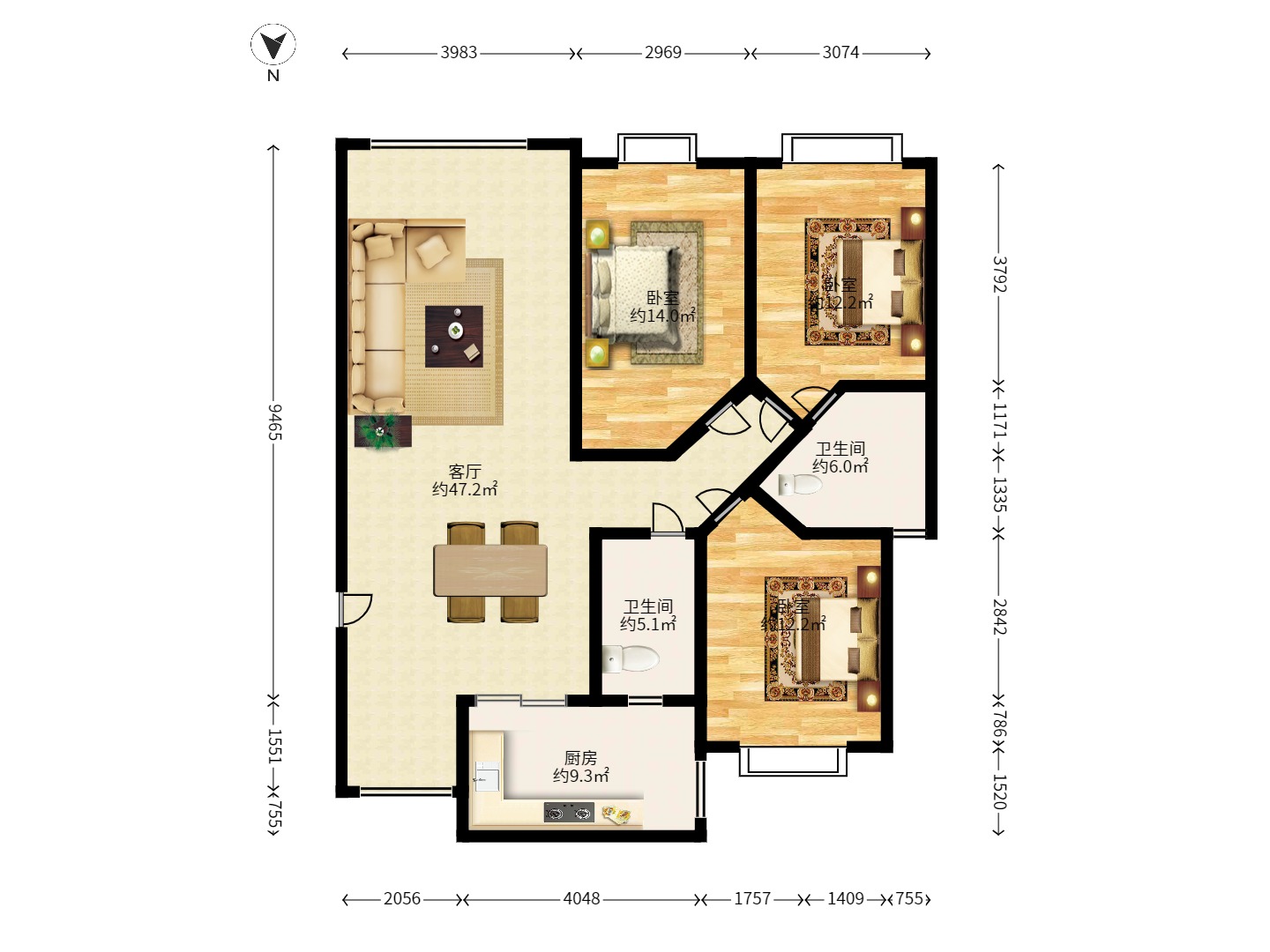 双盈卧龙湾  3室2厅2卫    2200.0元/月室内图1