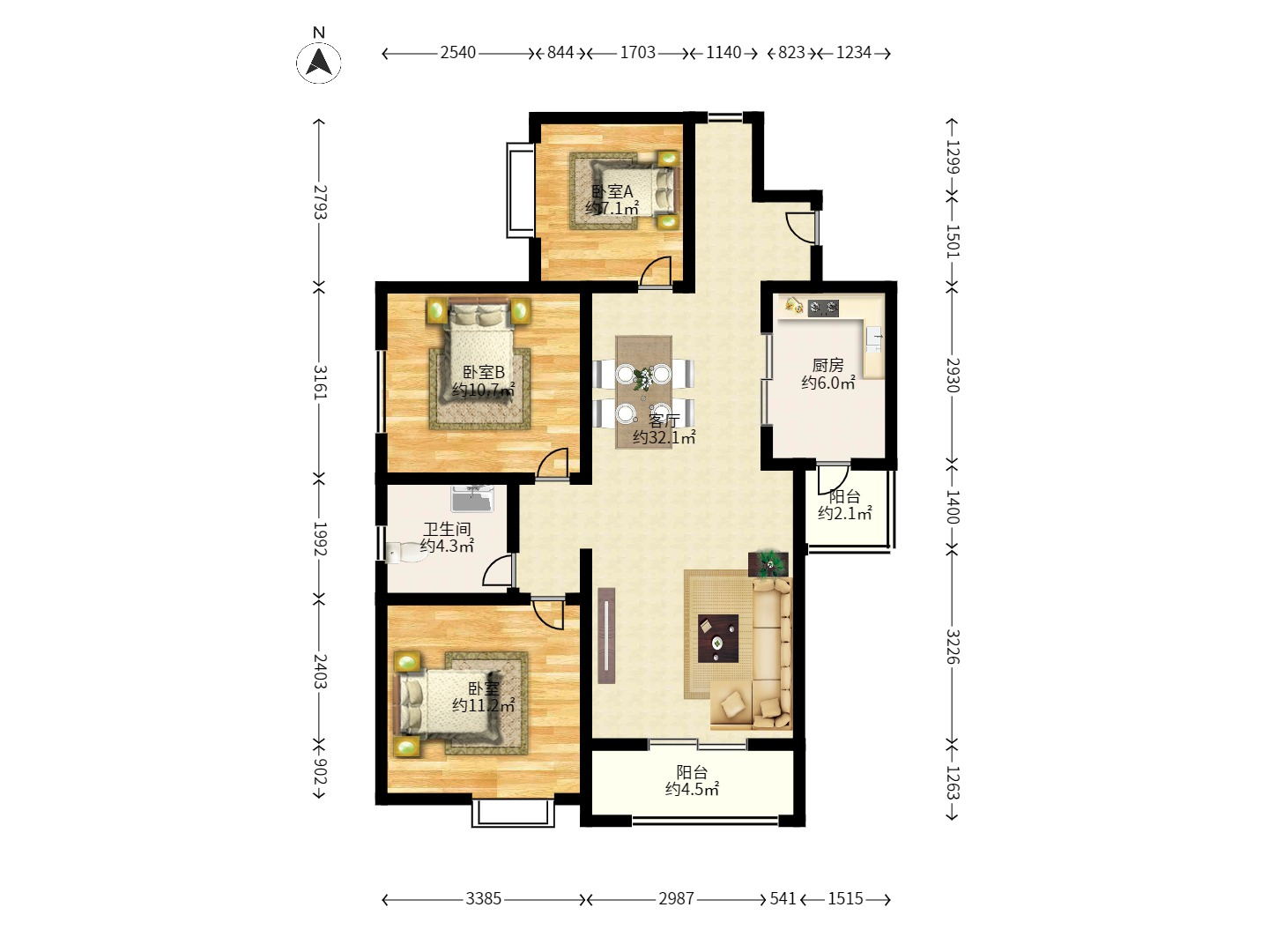 中建梅溪湖中心  3室2厅1卫   2900.00元/月室内图1
