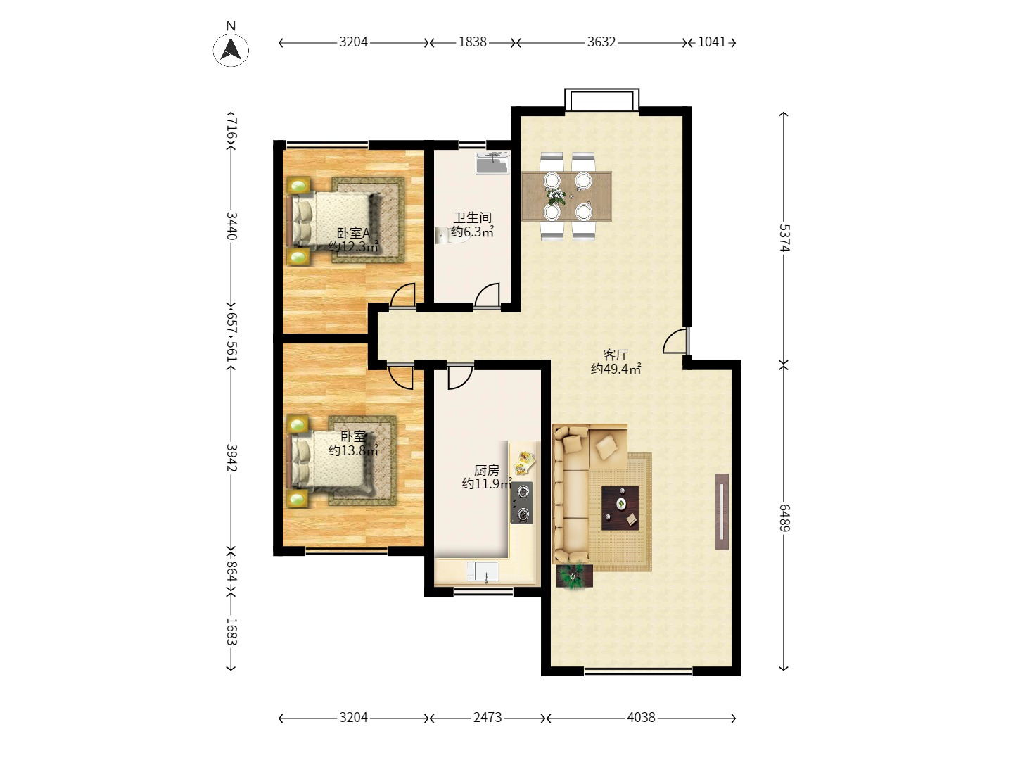 朝阳一、二村 3室2厅1卫 2200.0元/月 朝阳一、二村 3室2厅1卫 2200.0元/月户型图
