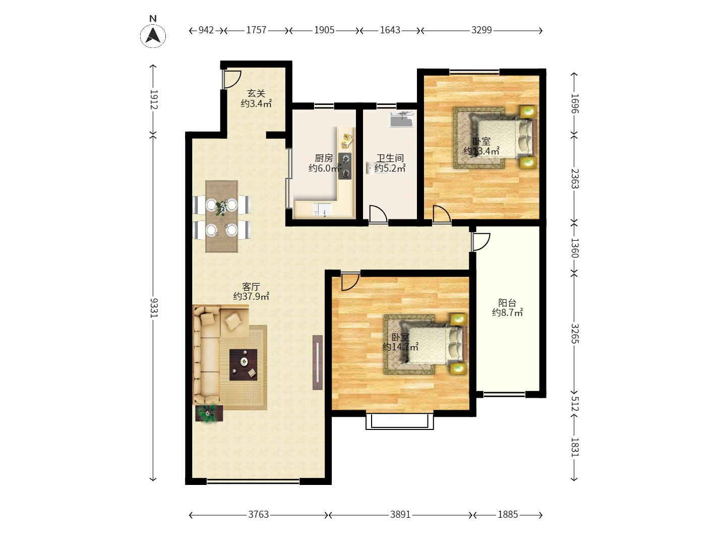 南郡雅园 2室2厅1卫 1300.0元/月 南郡雅园 2室2厅1卫 1300.0元/月户型图