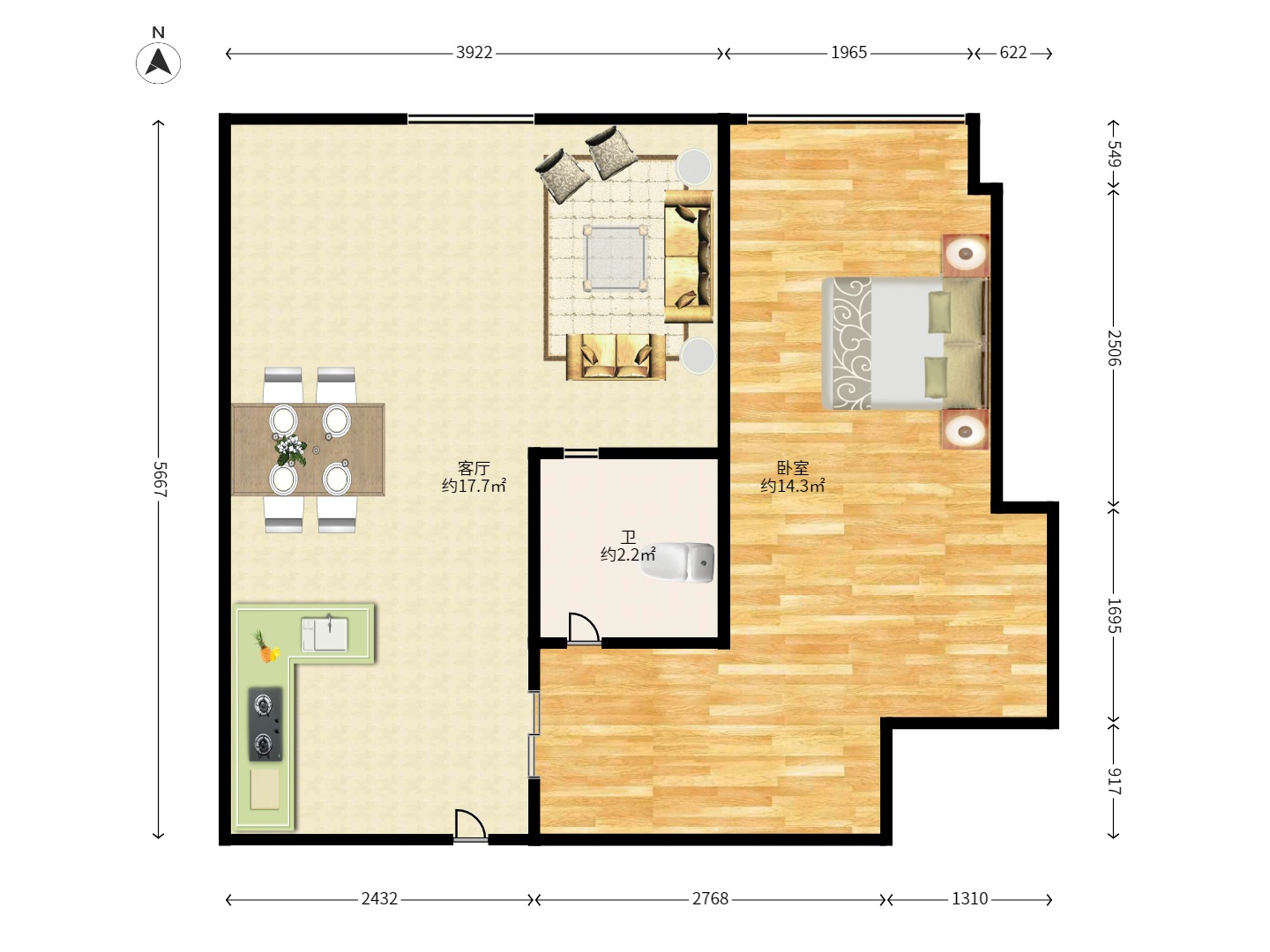 红星国际星城 1室1厅1卫 1400.0元/月 红星国际星城 1室1厅1卫 1400.0元/月户型图