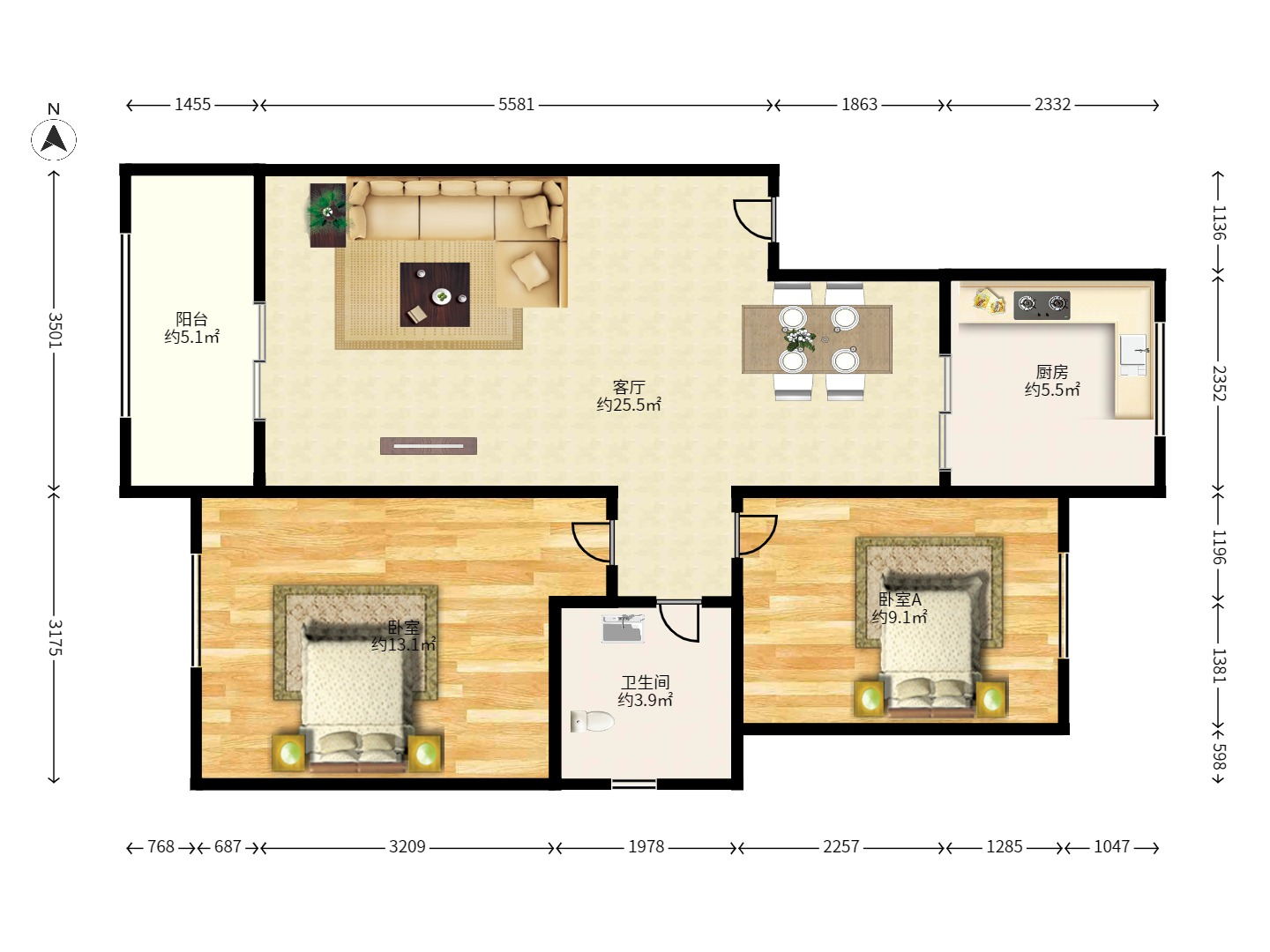 山水湾 2室1厅1卫 1400.0元/月 山水湾 2室1厅1卫 1400.0元/月户型图