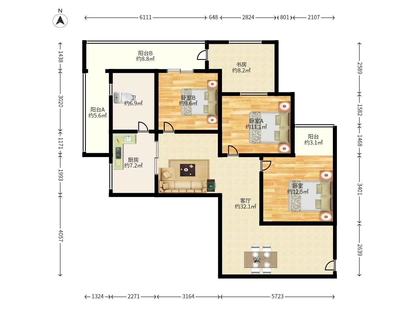 芙蓉蓉苑 3室1厅1卫 2600.0元/月 芙蓉蓉苑 3室1厅1卫 2600.0元/月户型图
