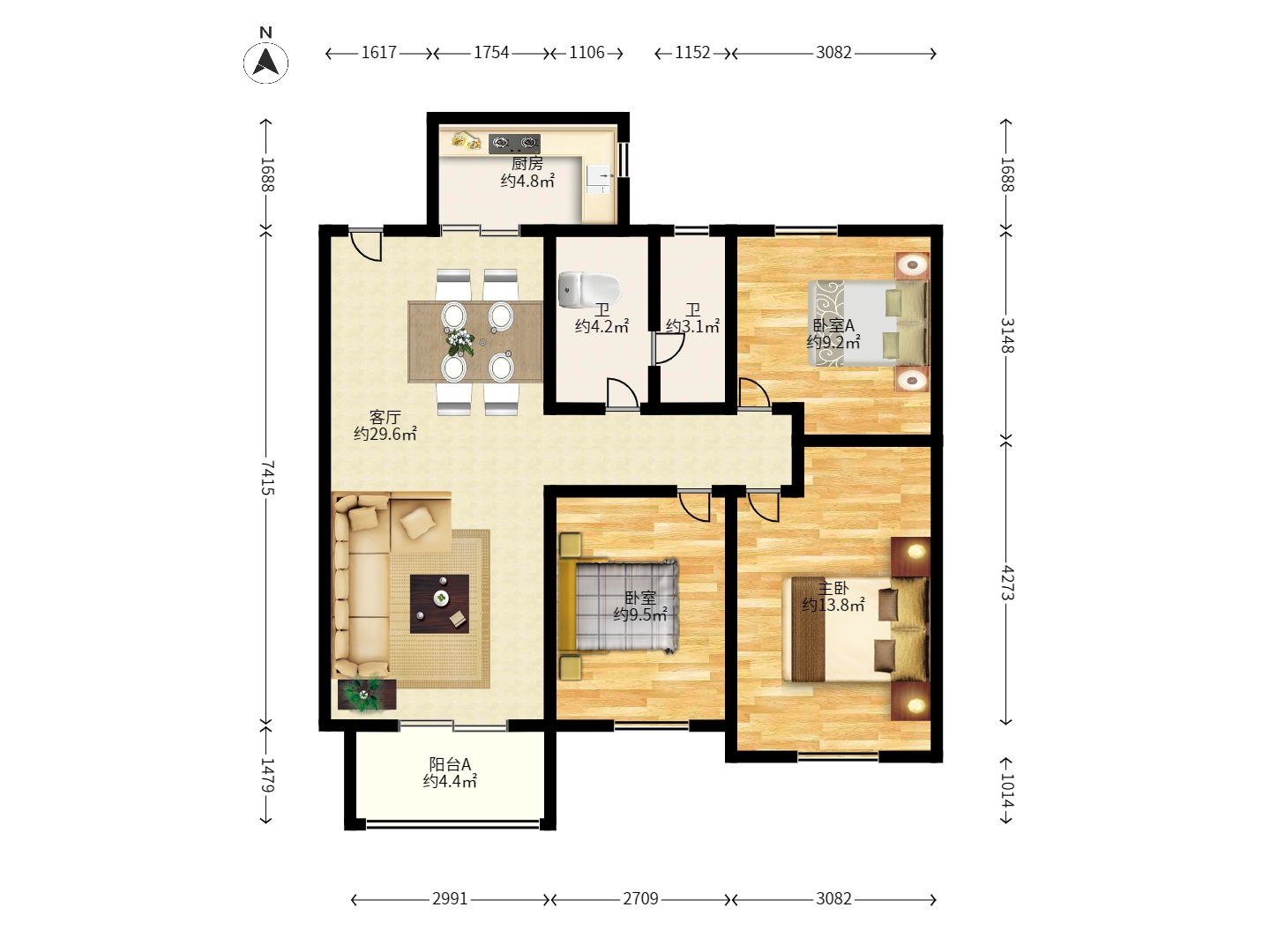 万科城市花园  3室2厅2卫   2300.00元/月户型图