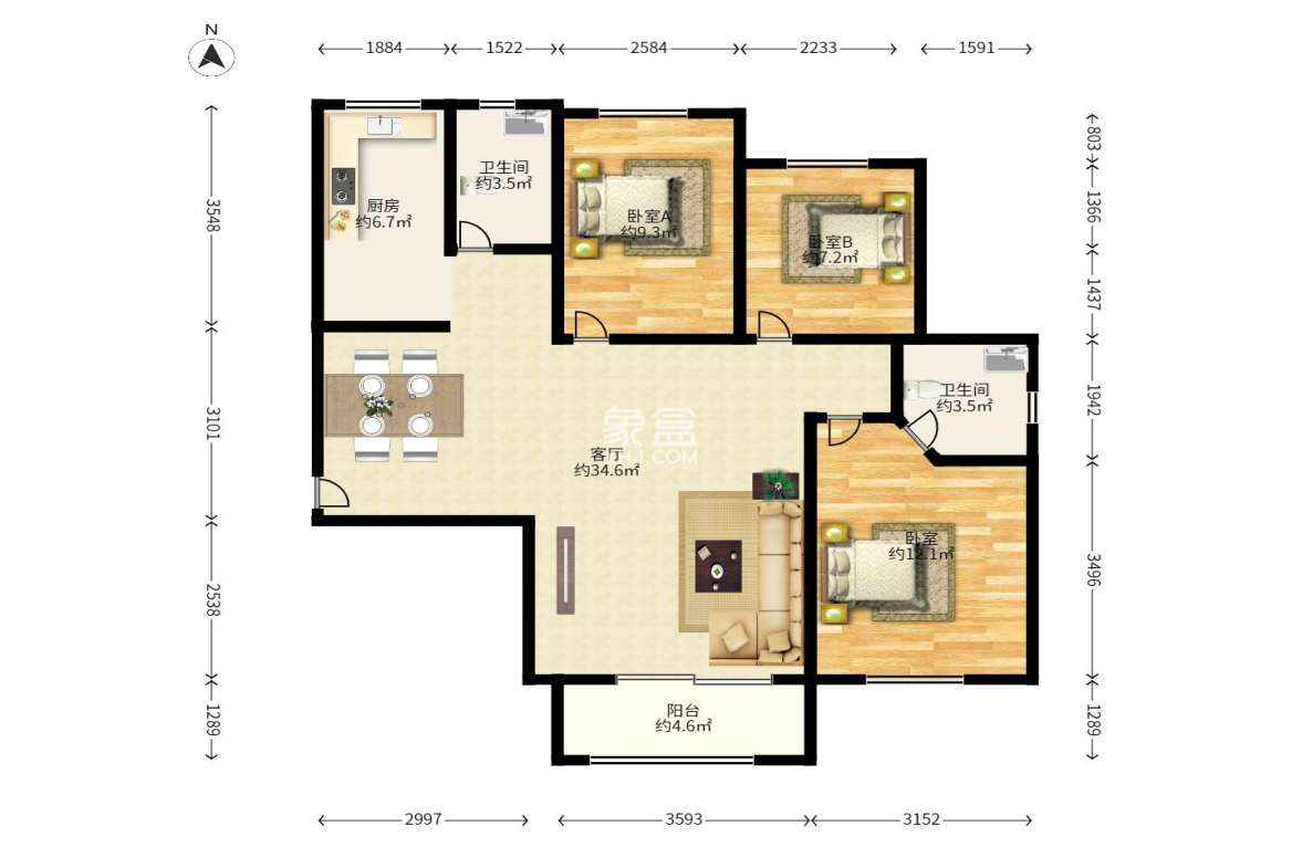 保利香槟国际 3室2厅1卫 2000.0元/月 保利香槟国际 3室2厅1卫 2000.0元/月户型图