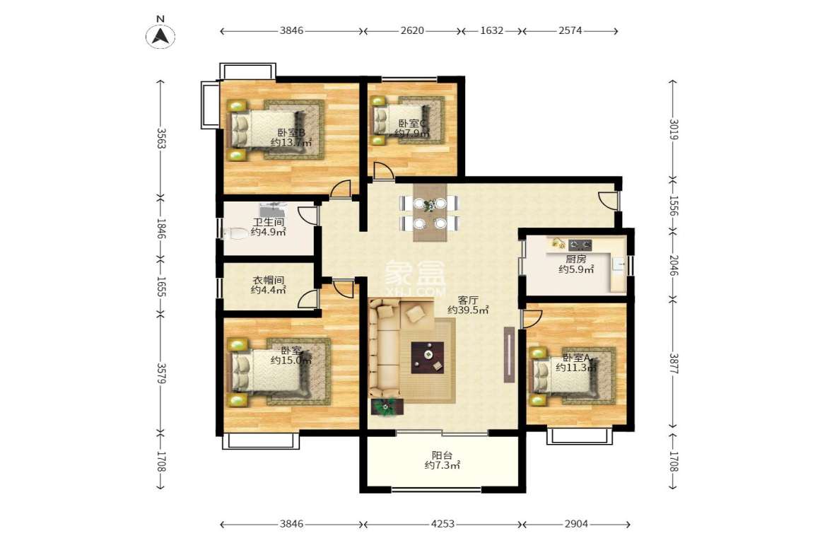 上东辛顿公寓  4室2厅2卫   3400.00元/月户型图